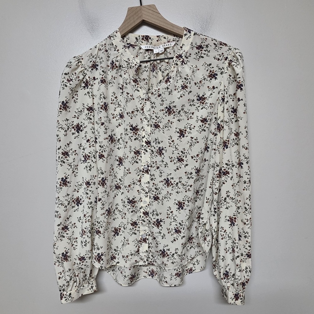 Veronica Beard Floral Silk Button Front Blouse White Blue Brown Puff Sleeve Sz 6